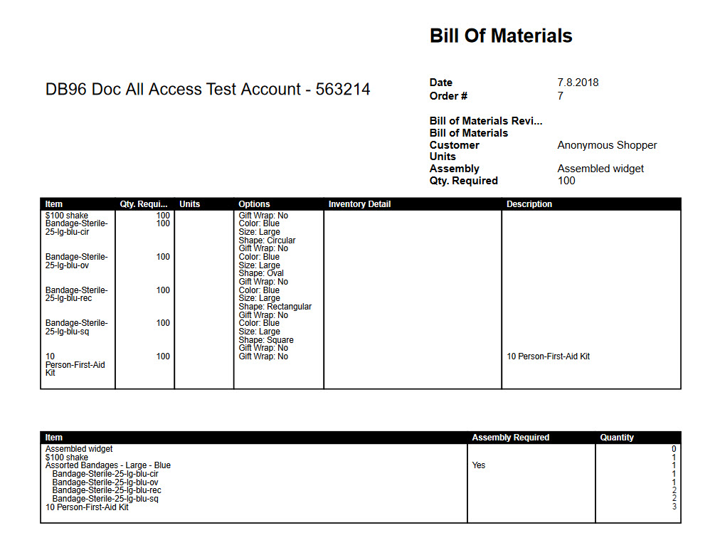 Screenshot of a sample Bill of Materials.