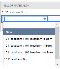 Screenshot of Bill of Materials list, specifically the New option.