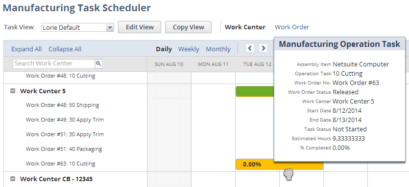 Screenshot of the Manufacturing Task Scheduler page with tool tip.