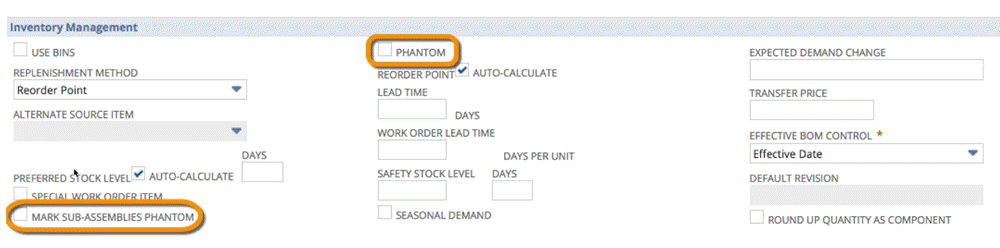 Screenshot of the Mark Sub-Assemblies Phantom and Phantom check boxes, which appear on the assembly and work order records.
