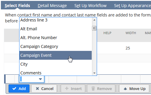 Screenshot of a portion of the Select Fields subtab and fields in the Field column