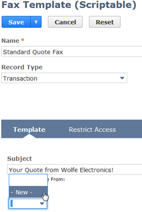 Screenshot of a portion of the Fax Template (Scriptable) page and its Template subtab