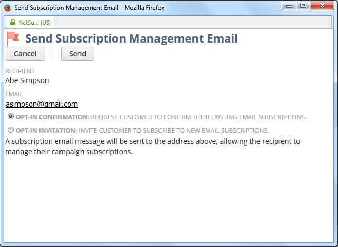 Screenshot of Send Subscription Management Email prompt