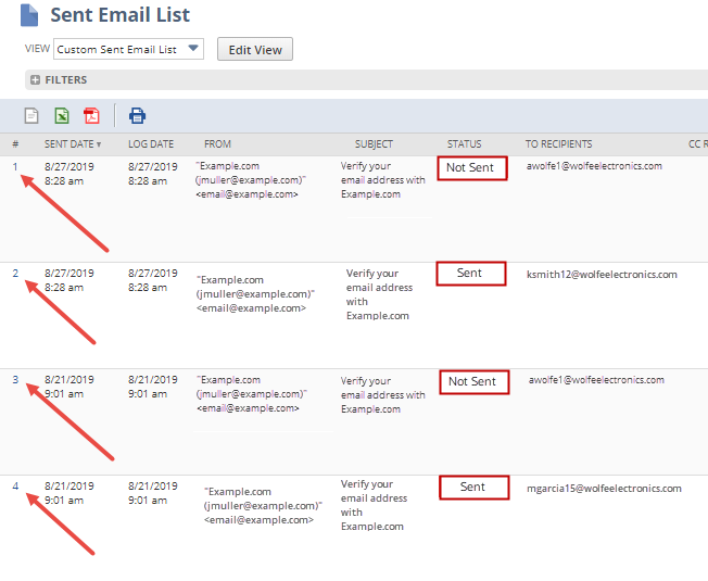 Screenshot of the Sent Email List page with Not Sent status outlined and arrow pointing to the row number