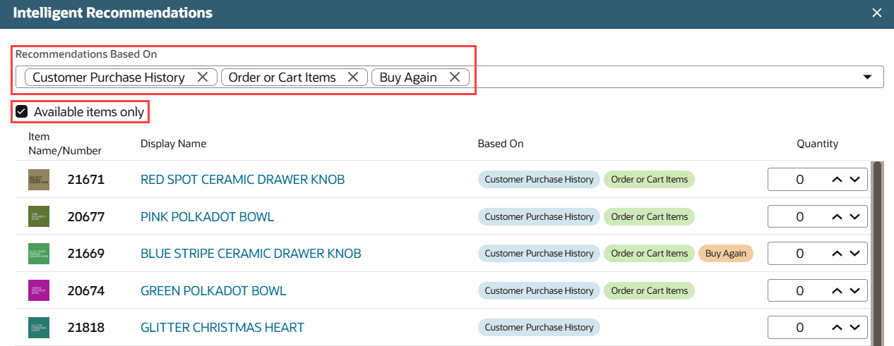 Intelligent Recommendations popup window with Recommendations Based On and Available items only selections highlighted.