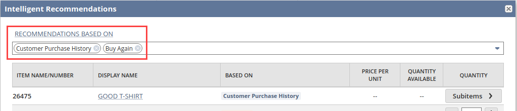 Intelligent Recommendation popup window with Customer Purchase History and Buy Again types selected.