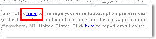 Email message with Click here link to manage email subscription preferences