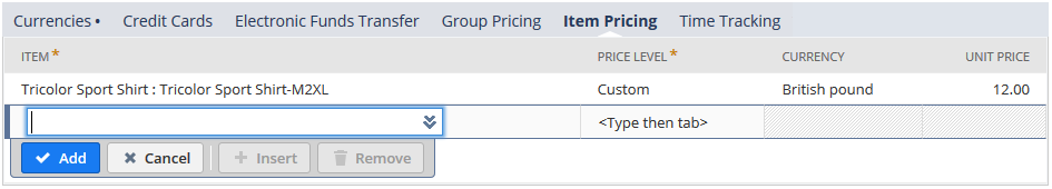 Screenshot of the Item Pricing subtab on the customer record.