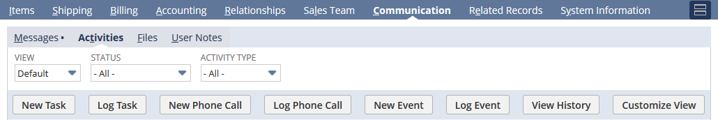Screenshot of the Communication, Activities subtab on the customer record.