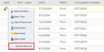Screenshot of the Delete Record option on the Create New list. (Available with inline Editing.)