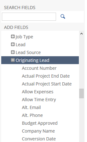 Screenshot showing the Add Fields panel in the Report Builder with the Originating Lead subgroup expanded
