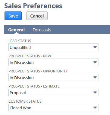 Screenshot showing example statuses for sales force automation records