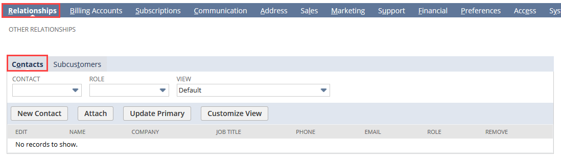 Screenshot from a customer record shows the Relationships and Contacts subtabs with the fields and buttons of the Contacts subtab.