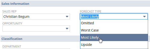 Forecast of the Forecast Type field on opportunity and estimate records.