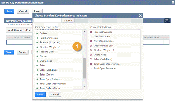 Screenshot of the popup window in which you choose standard KPI indicators.