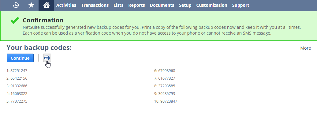 Print icon on the Your Backup Codes page.