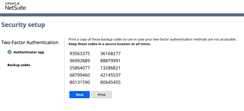 Security setup backup codes on the 2FA page.