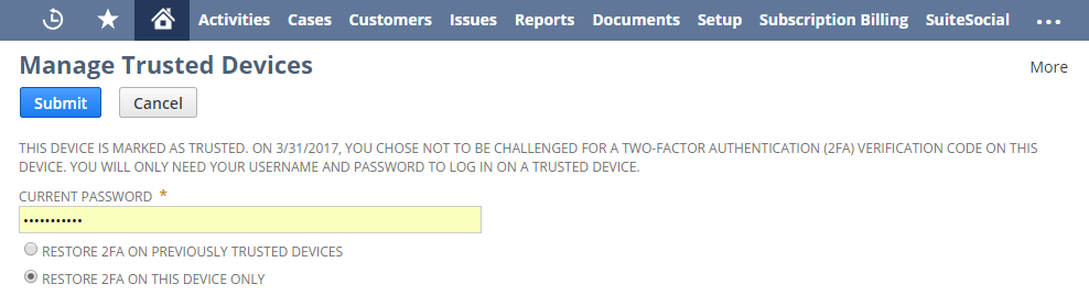 Manage Trusted Devices page