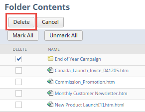 Delete button on the Folder Contents page.