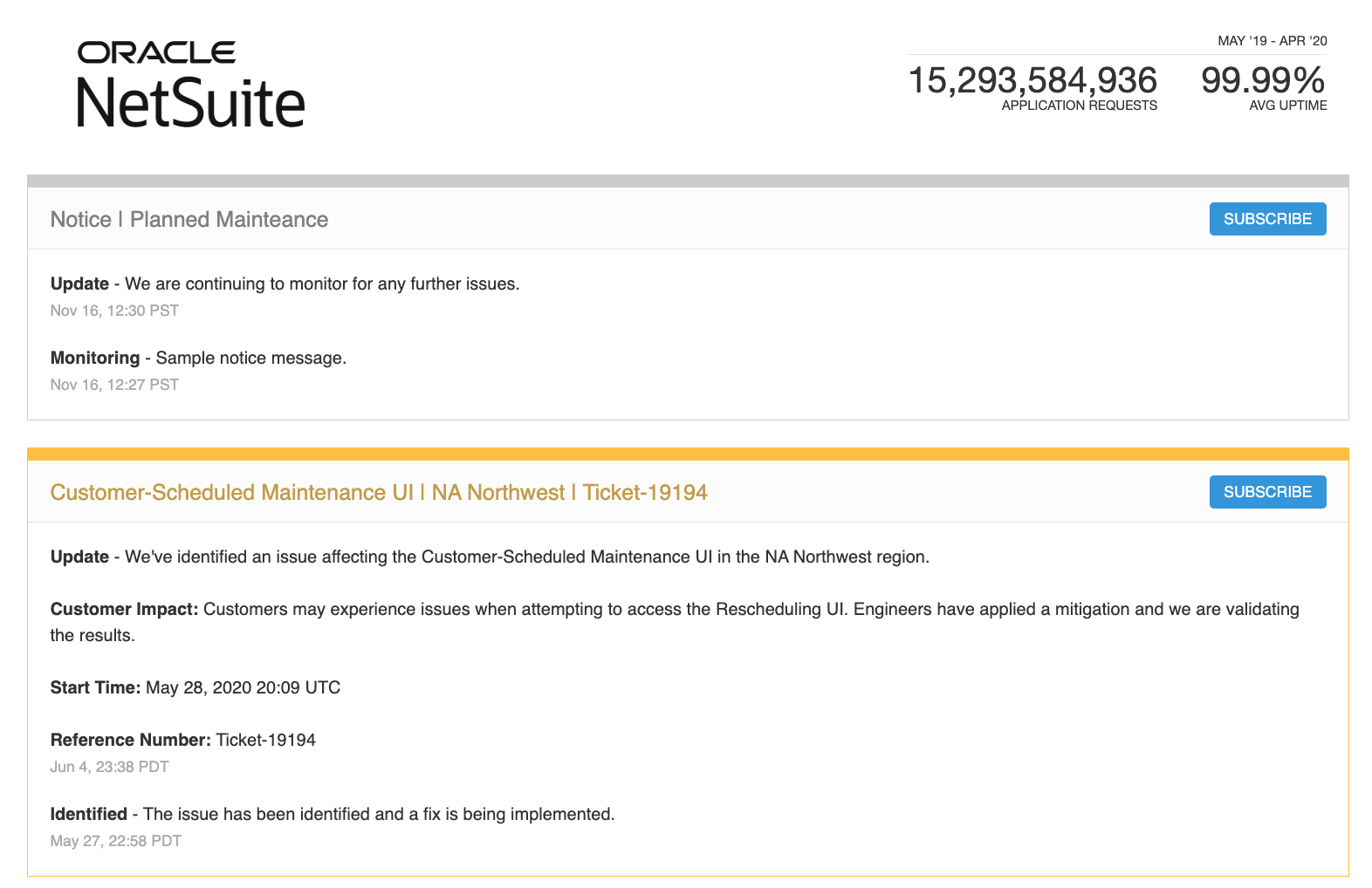 Notices and planned maintenance announcements on the NetSuite Service Status page.