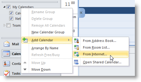 Add Calendar From Internet menu path.