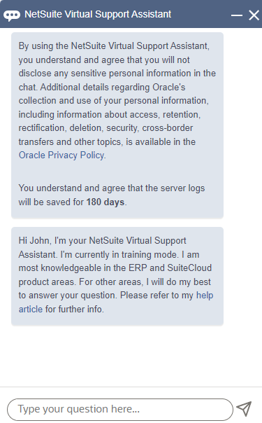Virtual Support Assistant chat window
