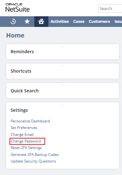 Settings portlet with the Change Password task highlighted.