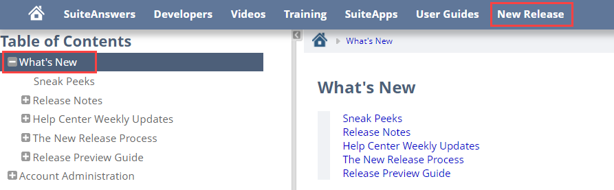 What's New section in the Help Center table of contents.