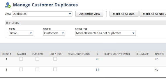 Manage Customer Duplicates page