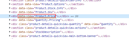 A portion of the Dev Tool console in the browser with the data-view attribute with Product.Price as value marked in red.