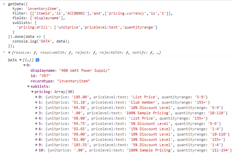 An example of data returned by getData() using joined fields combined with the drill option.