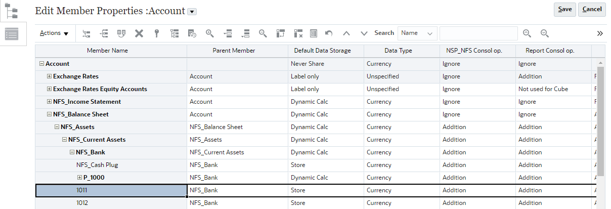 A portion of the Edit Member Properties window for Accounts, with rows expanded to drill down to the 1011 cash account.