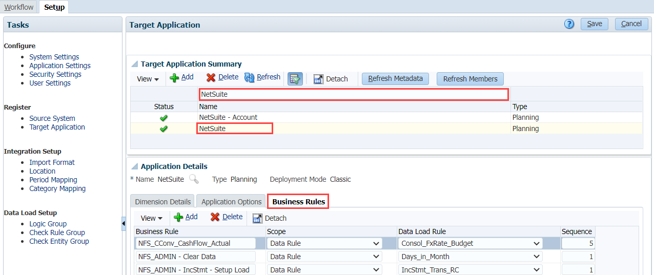 A portion of the Target Application page with the NetSuite target application and Business Rules tab outlined in red.