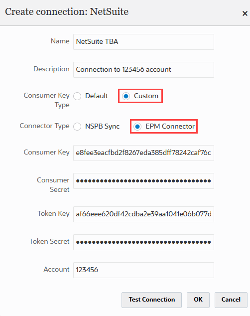 The Custom and EPM Connector connection configurations for Profitability and Cost Management Sync.