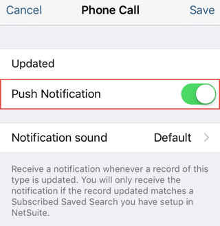 Screenshot of the NetSuite for iOS Push Notification slider on the Phone Call screen