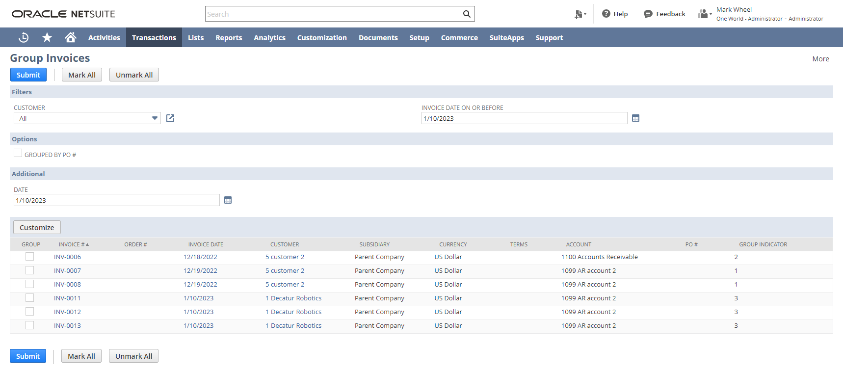 Group invoices page showing the list of available invoices ready for grouping
