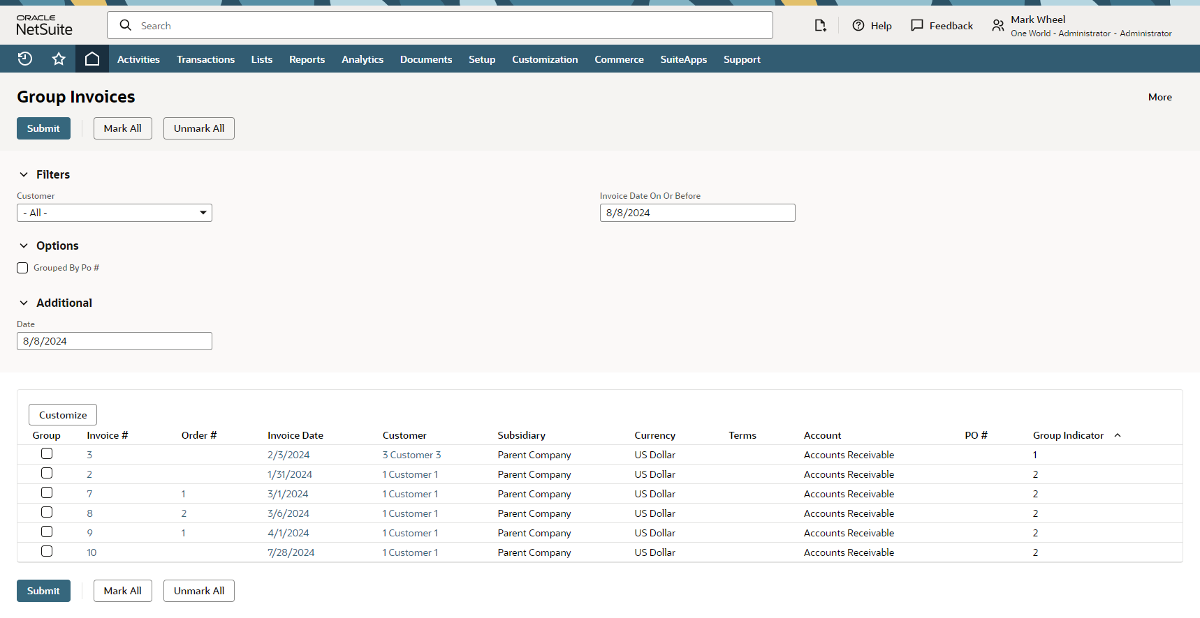 Group invoices page showing the list of available invoices ready for grouping