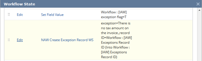 screenshot of Workflow State window showing example states "Set Field Value" and "NAW Create Exception Record WS"