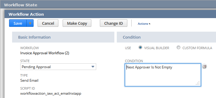 screen shot of Workflow Action page with "Next Approver is Not Empty" condition entered