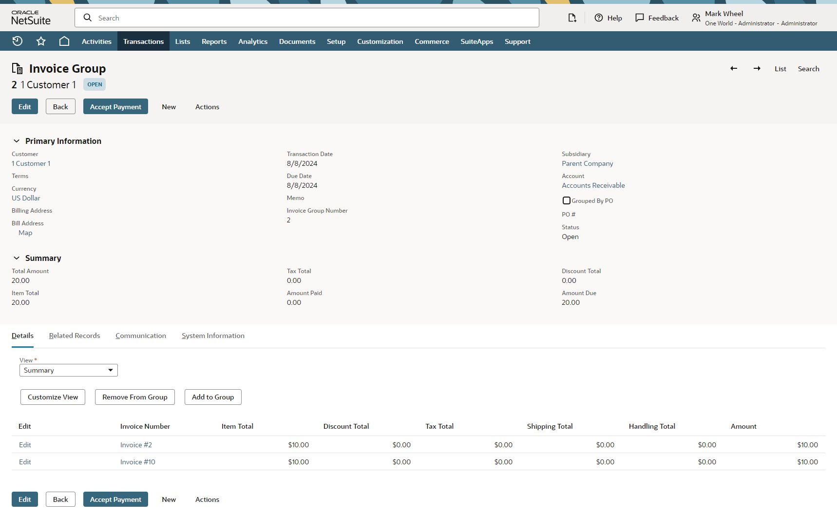 Invoice group record showing all invoices included in the group