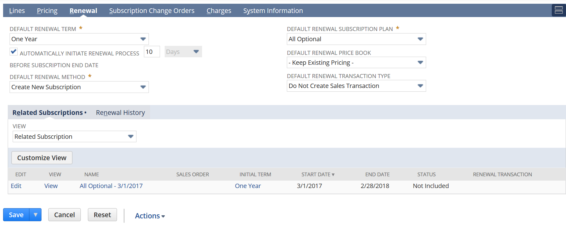 Renewal subtab shows example settings for creating a Renewal change order.