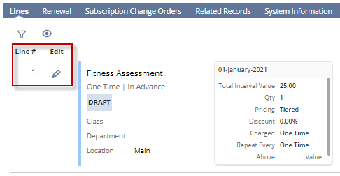 Lines subtab showing Line # and Edit icons in upper left corner beside a pricing interval.