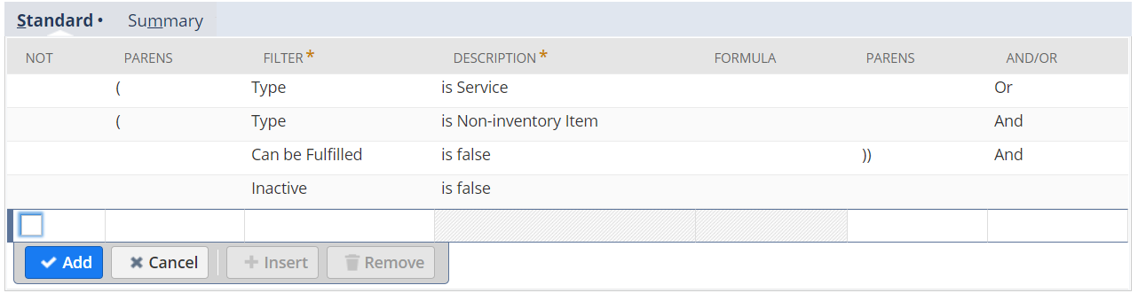 Standard filters for the add-on items saved search: Type (Service), Type (Non-inventory Item), Can be Fulfilled (false), and Inactive (false).