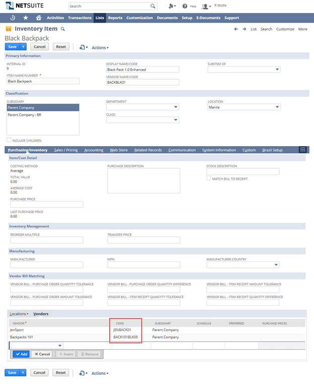 Inventory Item record with Purchase/Inventory subtab shown