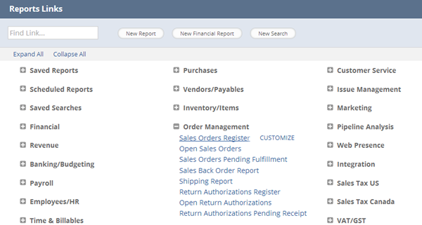 Reports Links page, as it appears when you go to Reports > Order Management
