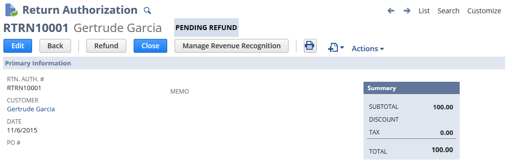 Return Authorization page with Pending Refund status