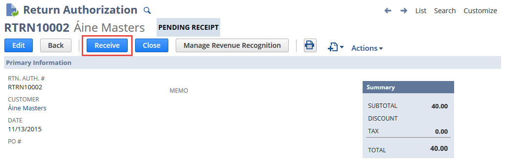 Return Authorization page with Receive button highlighted