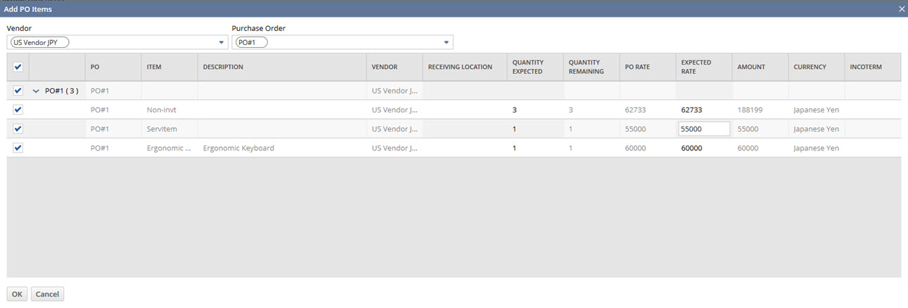 Add PO Items window with sample purchase order lines.