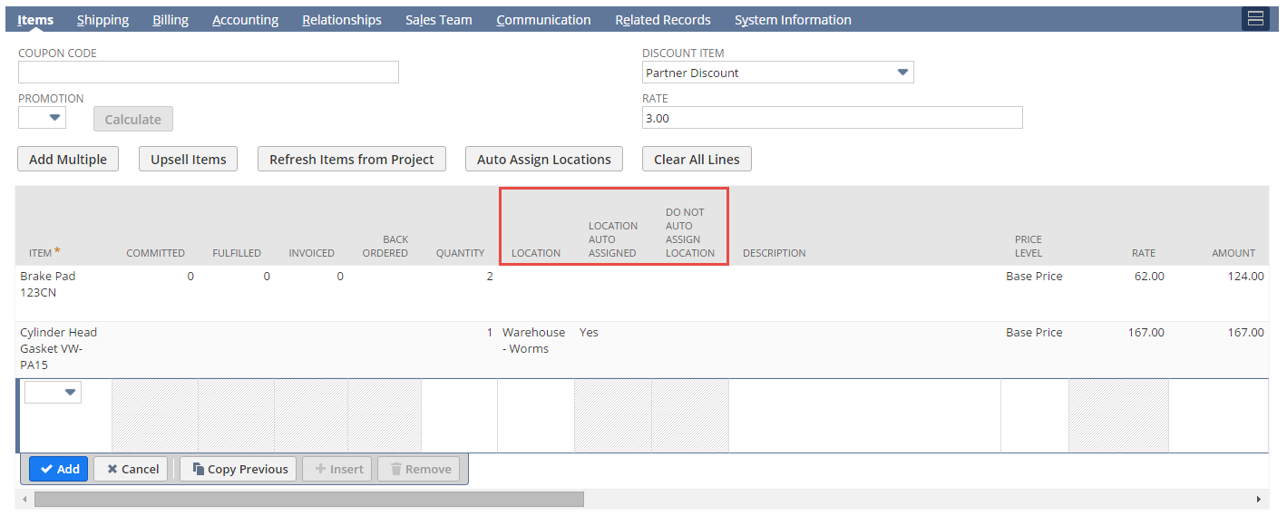 Items subtab with highlighted fields for automatic location assignment customization