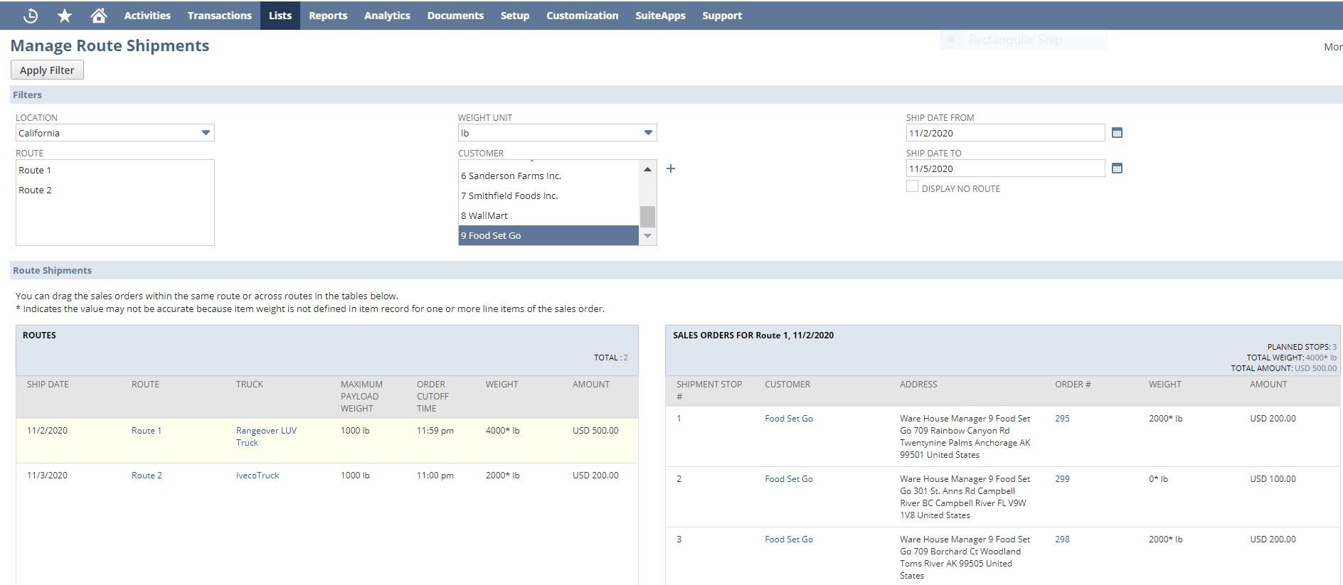 Manage Route Shipments page